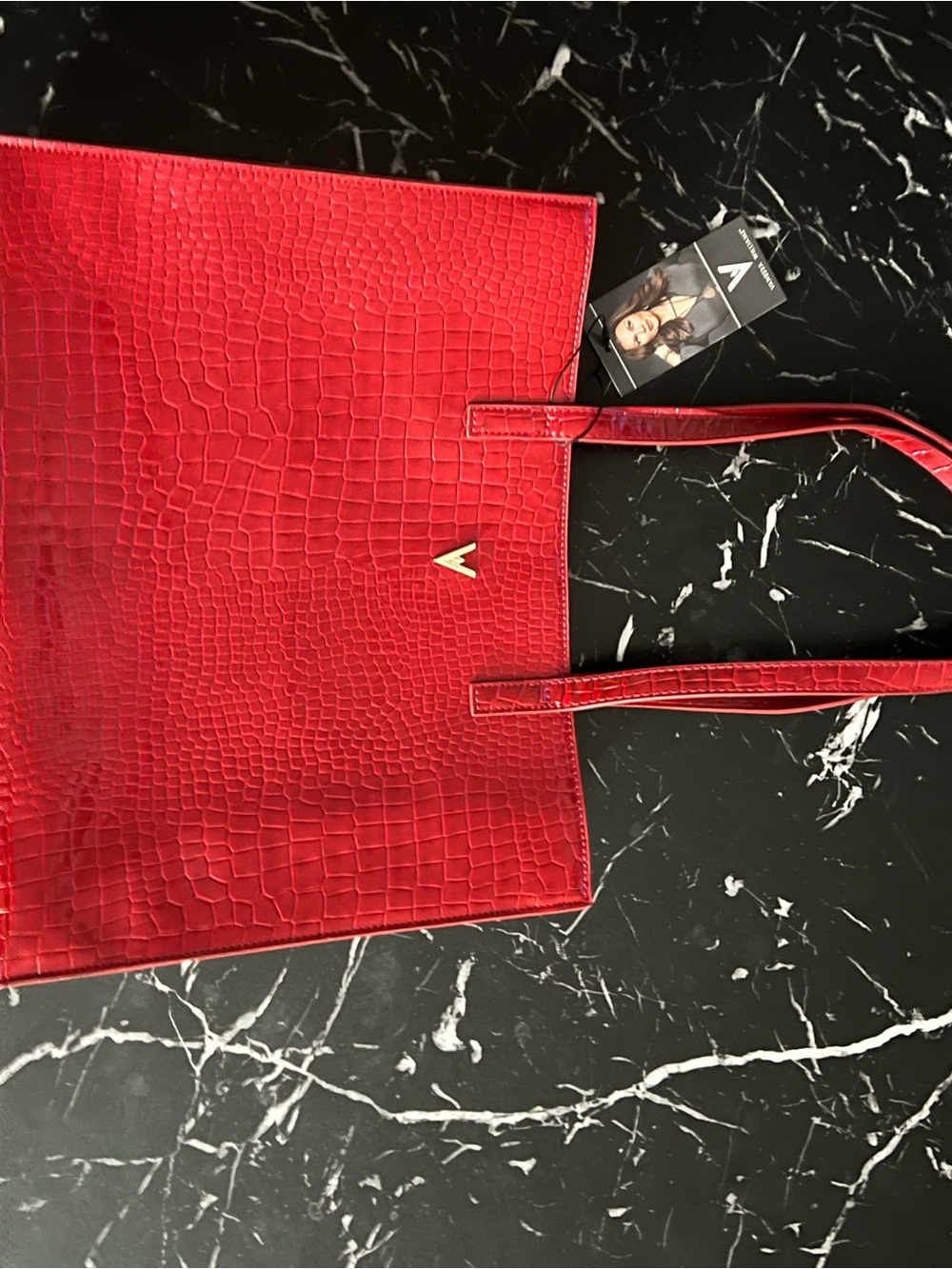 Vince Camuto Red Croc-Embossed Tote with Gold V Logo